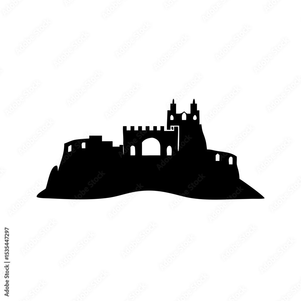 Silhouette of a medieval castle with towers and walls on a hill against a white background view image created with generated ai Silhouette of a medieval castle with towers and walls on a hill against a white background view image created with generated ai