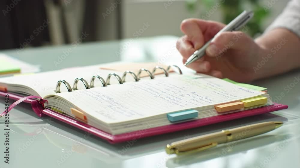 Person writing in planner with colorful tabs on a glass table Person writing in planner with colorful tabs on a glass table