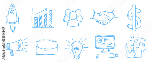 hand drawn bussiness icon blue sketch