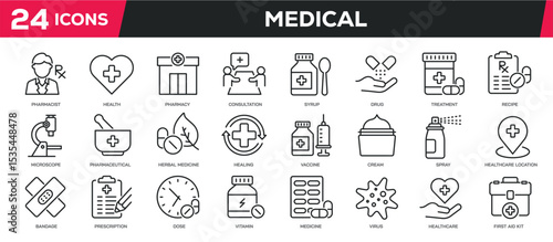 Set of collection line icons related pharmacy, healthcare, medicine, drug. Editable stroke. Perfect pixel on transparent background