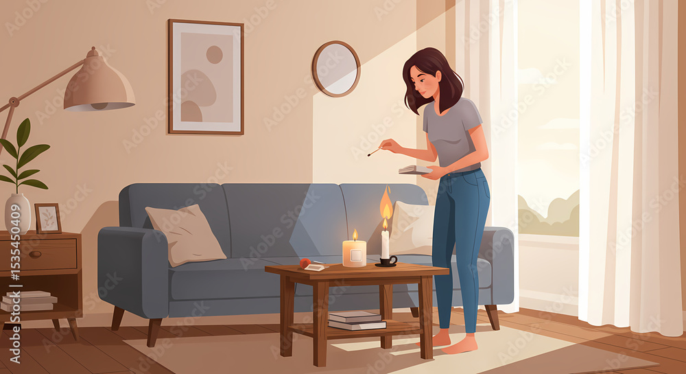Fototapeta premium Woman Lighting Candles in Cozy Living Room, Creating Warm Ambiance.
