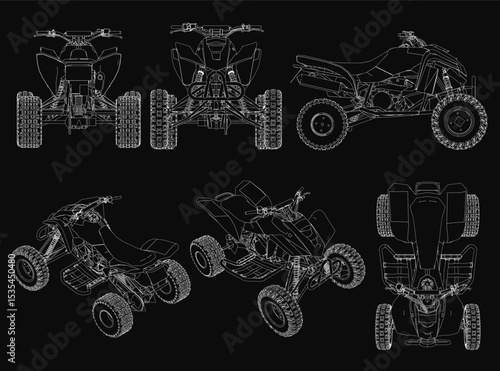 Detailed blueprint of four ATVs in varying shapes and sizes, each with unique designs. Features four wheels, handlebars, and engine components outlined in white against a black background for high.