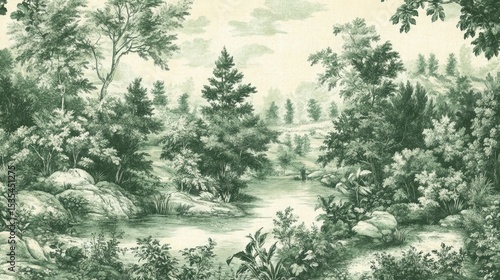 Lush French Country Garden Toile de Jouy Wallpaper Design with pastoral scenes and verdant foliage. --