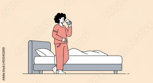 Woman in pajamas drinking water next to a bed with a white pillow