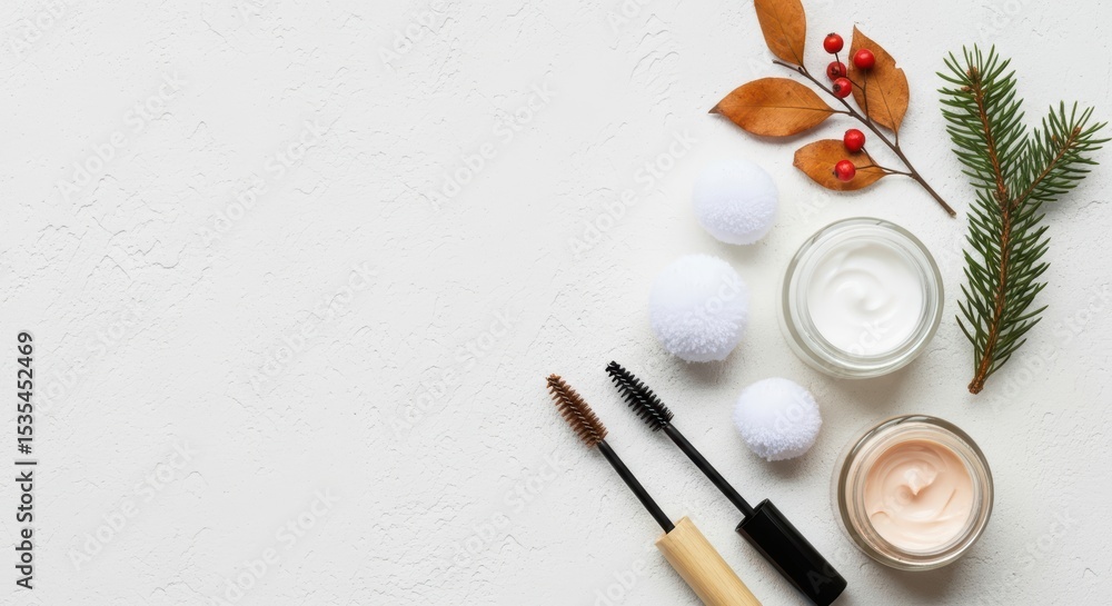 Fototapeta premium Winter Beauty and Skincare Flat Lay with Cosmetics and Autumn Element