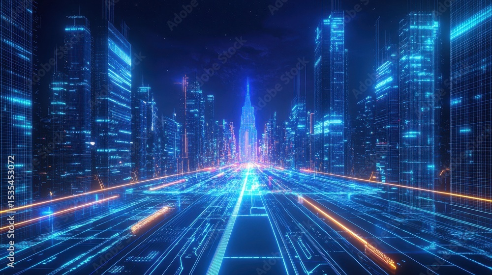 Naklejka premium Futuristic city skyline with glowing blue and orange lights, showcasing advanced technology and urban development concepts. Digital design of cityscape at night.
