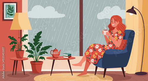 Cozy Woman Enjoying Coffee While Watching Rain Through Window, Relaxing Indoors