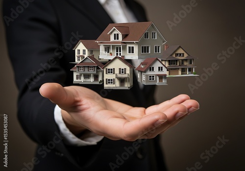 A real estate agent's hand displays many houses, symbolizing property management or sales. 