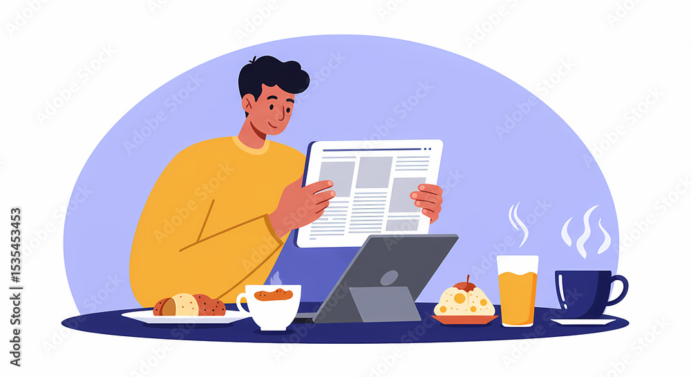 Man reading newspaper with breakfast, including pastry, juice, and coffee Man reading newspaper with breakfast, including pastry, juice, and coffee