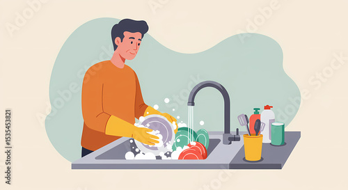 Man in orange shirt washing dishes with yellow gloves in a sink