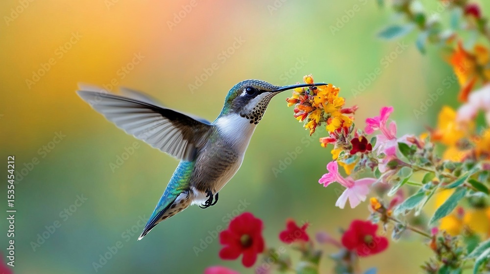 Fototapeta premium A hummingbird hovers amidst vibrant flowers, wings outstretched, feasting on blossoms