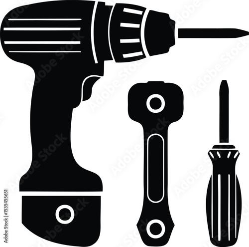 Black Silhouette Vector Set of Electric Drill, Ratchet, and Screwdriver – Power and Hand Tools Icon for Construction, DIY, or Repair Work
