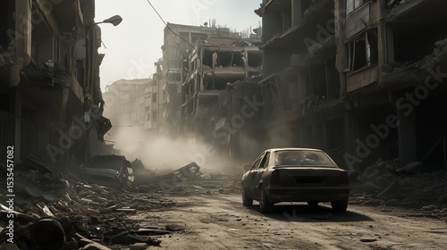 Abandoned car in the middle of the street,  buildings collapsed and rubble scattered across the streets after an earthquake,