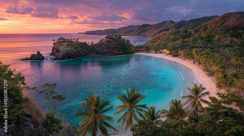 Panoramic vista of palm-fringed coral beach through jungle foliage. Layers: banana leaves (bottom), turquoise lagoon (middle), candy-floss sunset sky (top 35%). Upper sky uniform peach hue for brandi