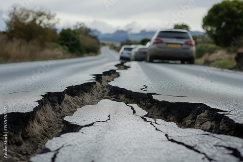A road with large cracks and sunken sections near the surface, causing a severe crack in the highway next to the countryside. 