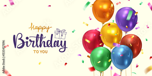 colorful balloons and golden ribbons confetti isolated on light yellow background , happy birthday text calligraphy design banner