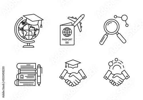 Line art icons representing education global travel and collaboration on white background