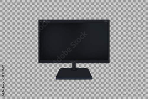 Realistic front view of a black LED computer monitor on a transparent background, ideal for tech and device-related designs.