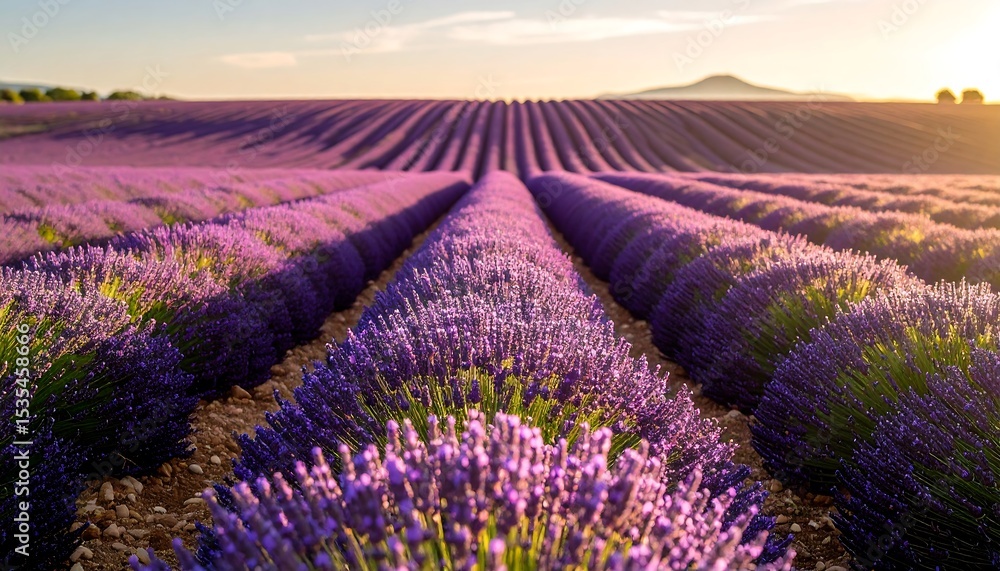 Obraz premium Stunning Lavender Fields at Sunset Rows of Purple Flowers in a Scenic Landscape