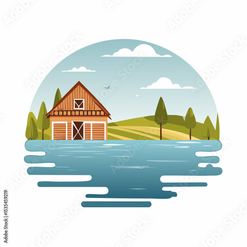 Vector flooded countryside with an abandon structure beside