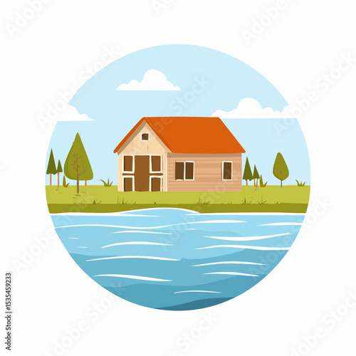 Vector flooded countryside with an abandon structure beside
