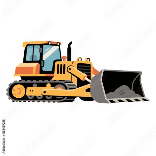 A yellow bulldozer vector with a large blade, ready for construction work.