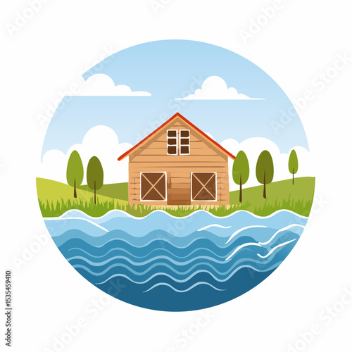 Vector flooded countryside with an abandon structure beside