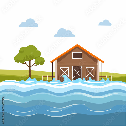 Vector flooded countryside with an abandon structure beside