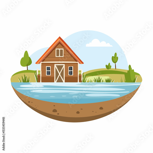Vector flooded countryside with an abandon structure beside