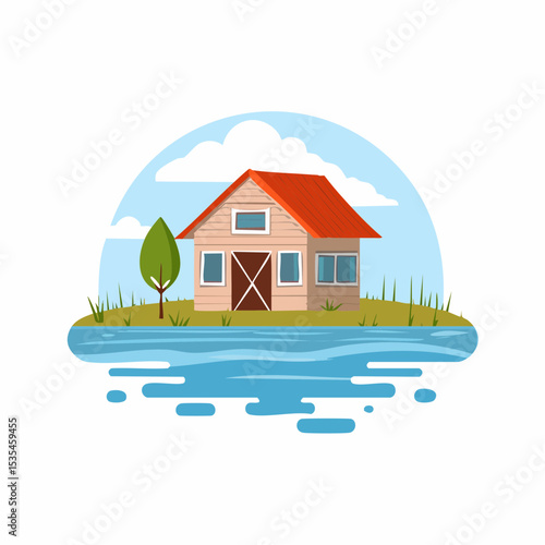 Vector flooded countryside with an abandon structure beside