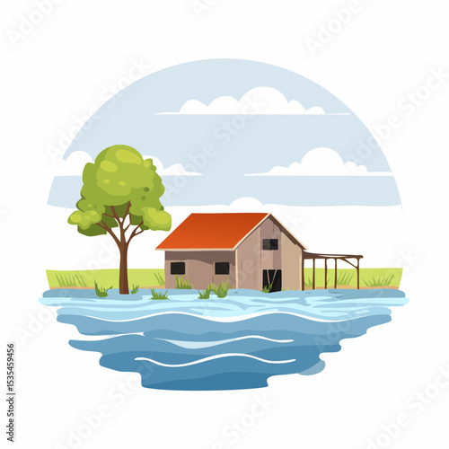 Vector flooded countryside with an abandon structure beside