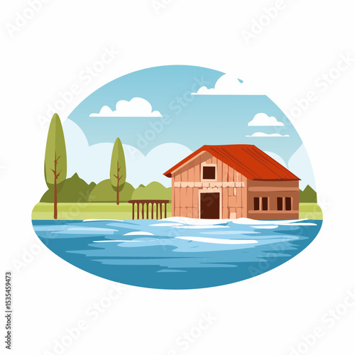 Vector flooded countryside with an abandon structure beside