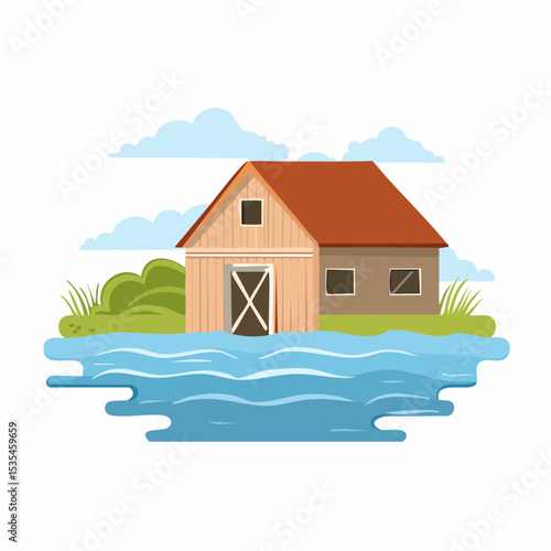 Vector flooded countryside with an abandon structure beside