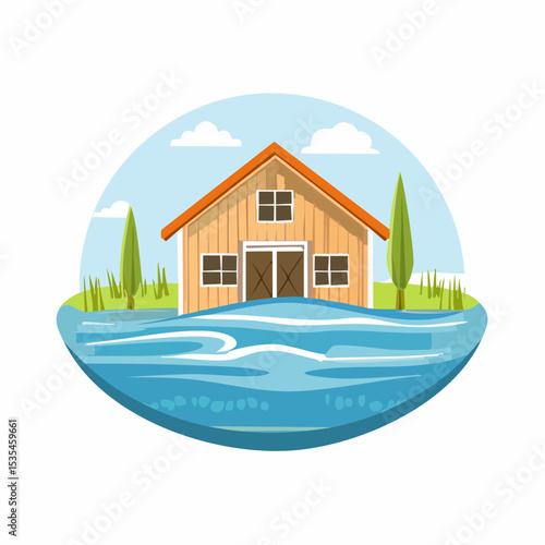 Vector flooded countryside with an abandon structure beside