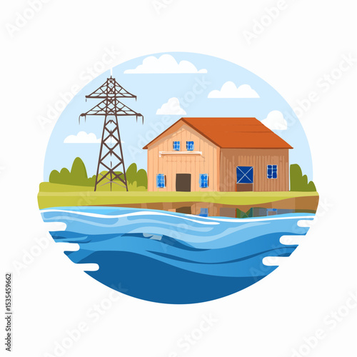 Vector flooded countryside with an abandon structure beside