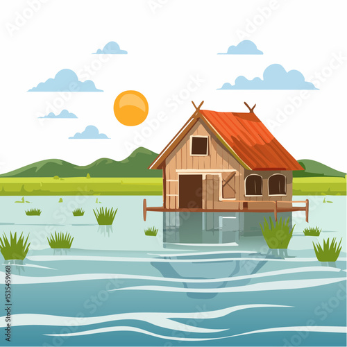 Vector flooded countryside with an abandon structure beside
