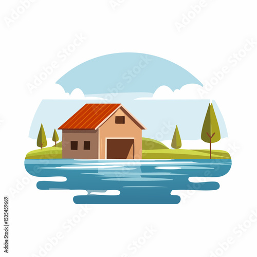Vector flooded countryside with an abandon structure beside