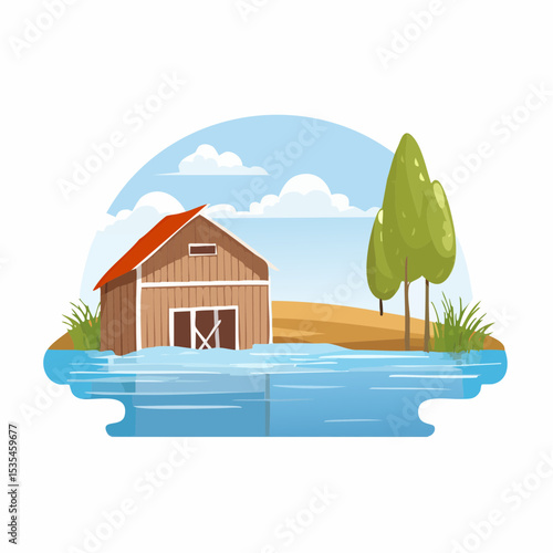 Vector flooded countryside with an abandon structure beside
