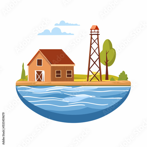 Vector flooded countryside with an abandon structure beside