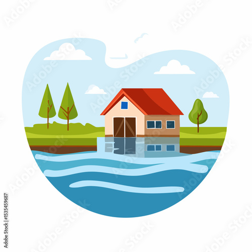 Vector flooded countryside with an abandon structure beside
