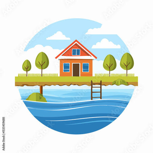 Vector flooded countryside with an abandon structure beside