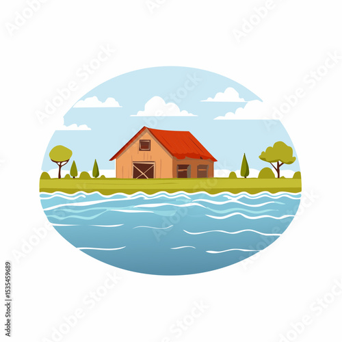 Vector flooded countryside with an abandon structure beside
