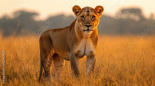 Wallpaper Mural Lioness standing tall in a sunset savanna grassland. -- Torontodigital.ca