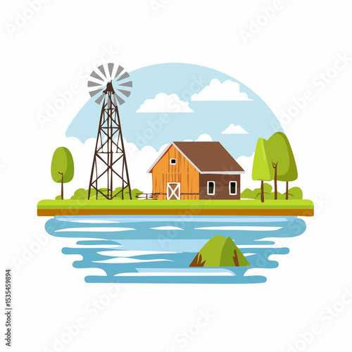 Vector flooded countryside with an abandon structure beside