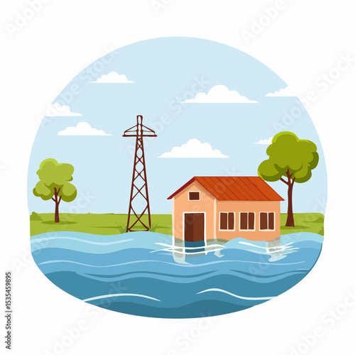 Vector flooded countryside with an abandon structure beside