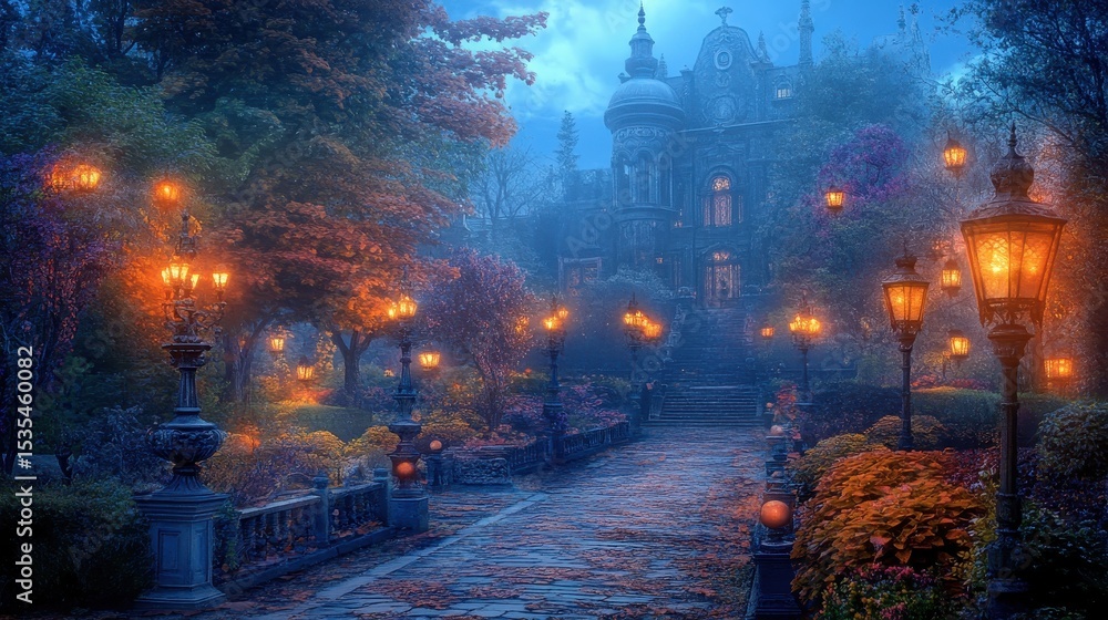 Illuminated pathway leading to a mansion at night, lined with vintage streetlights and lush gardens under a twilight sky, creating a serene and inviting atmosphere. Illuminated pathway leading to a mansion at night, lined with vintage streetlights and lush gardens under a twilight sky, creating a serene and inviting atmosphere.
