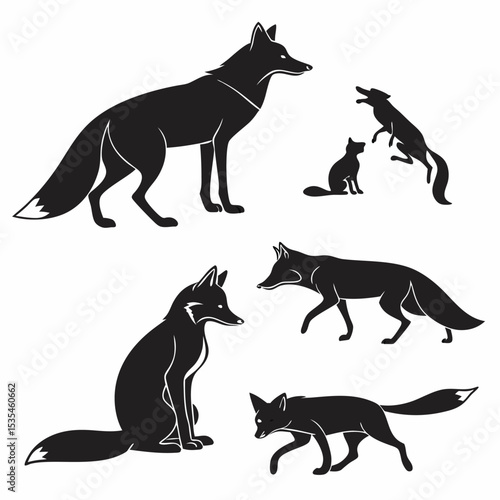 Black silhouette illustration of several foxes in different poses and activities on a white background
