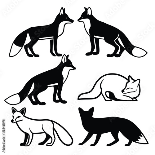Collection of six stylized black and white fox silhouettes in various poses for design