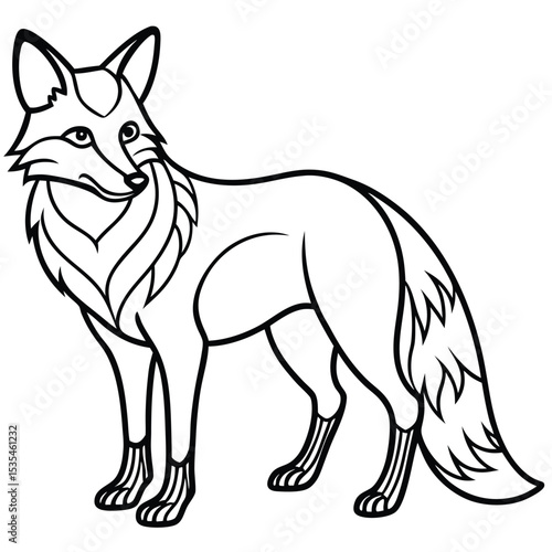 Detailed line art illustration of a standing fox in a simple and bold black outline