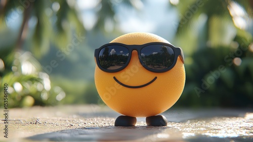 Animated, cute orange character in tropical scene